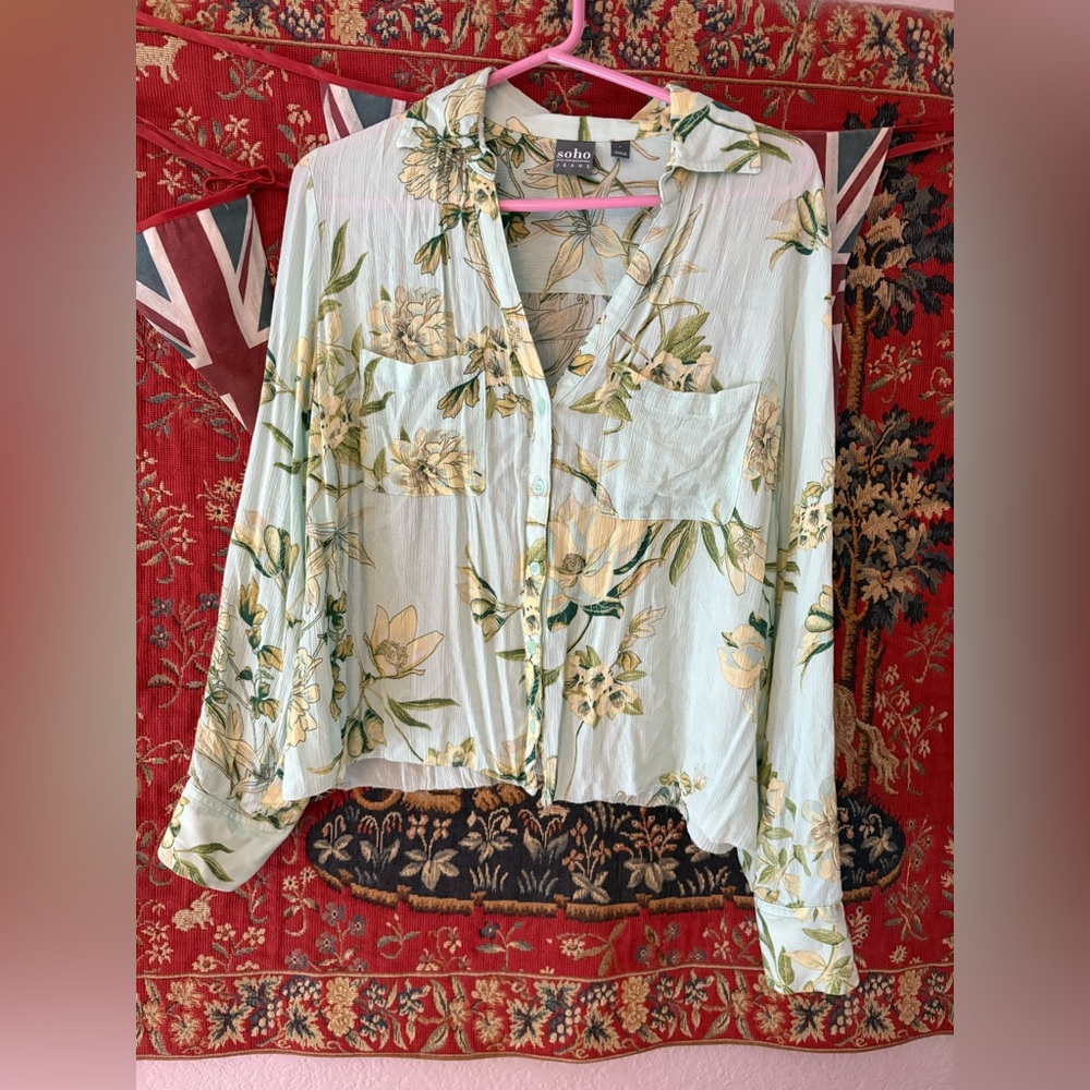 Magnolia Flowers Mint Green Crepe Cropped Blouse Optional 3/4 Long Sleeve